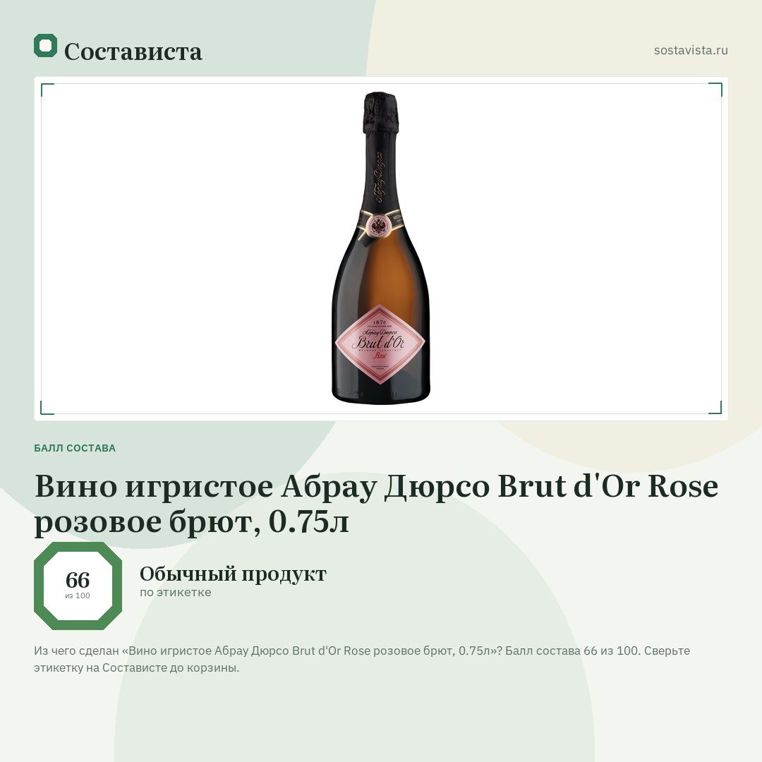 Вино игристое Абрау Дюрсо Brut d'Or Rose розовое брют, 0.75л: балл состава 66 из 100 — Состависта