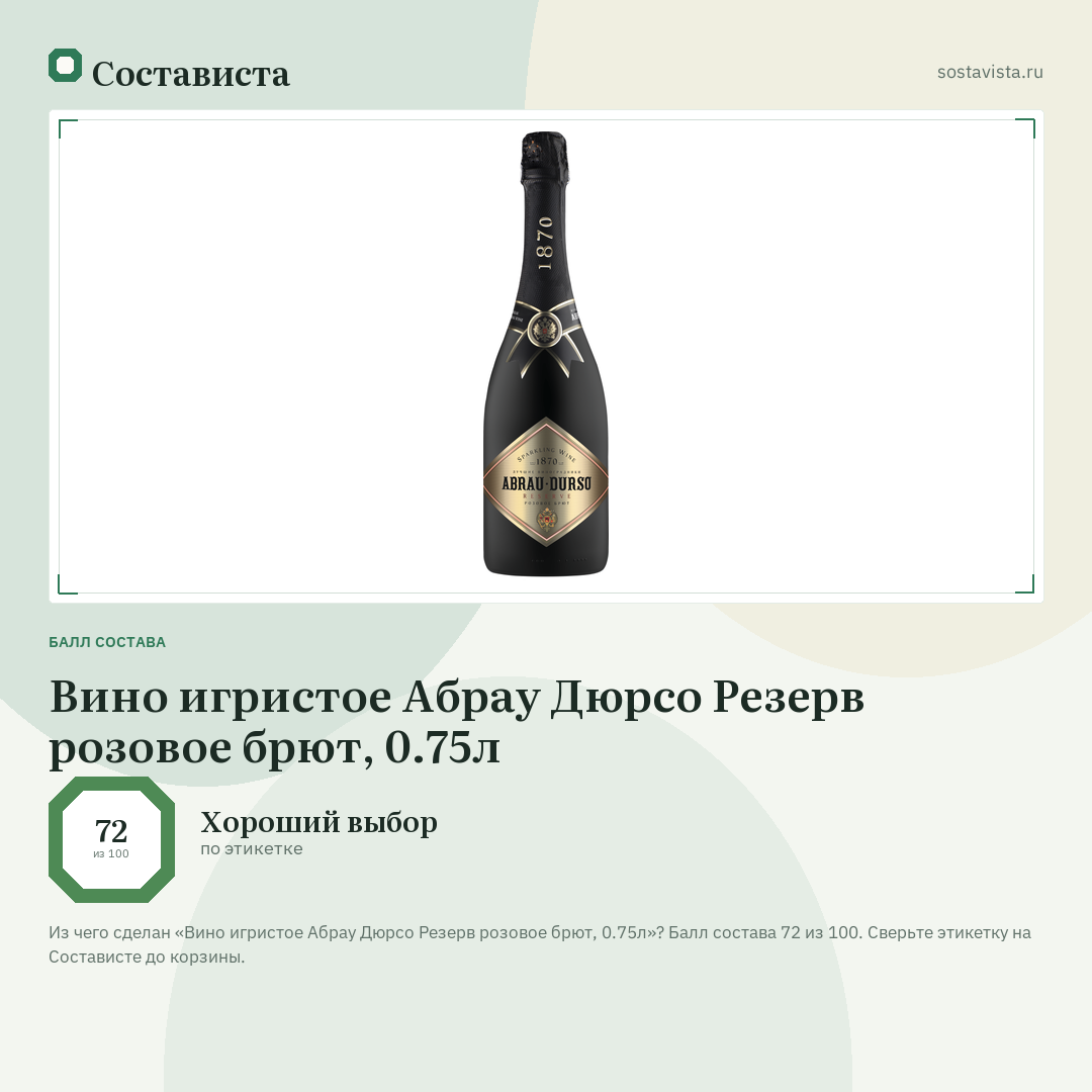 Вино игристое Абрау Дюрсо Резерв розовое брют, 0.75л: балл состава 72 из 100 — Состависта