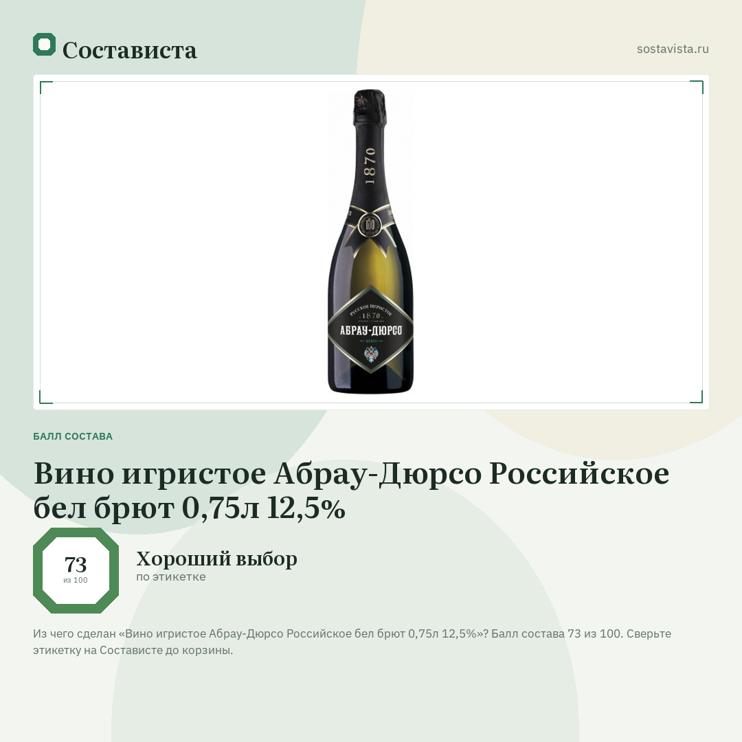 Вино игристое Абрау-Дюрсо Российское бел брют 0,75л 12,5%: балл состава 73 из 100 — Состависта