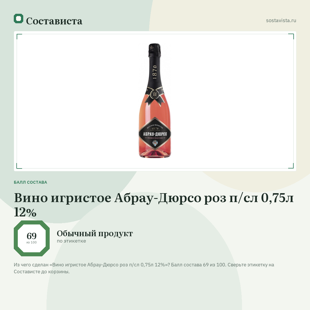 Вино игристое Абрау-Дюрсо роз п/сл 0,75л 12%: балл состава 69 из 100 — Состависта