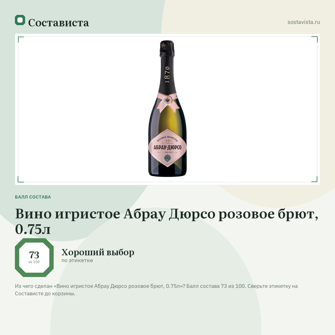 Вино игристое Абрау Дюрсо розовое брют, 0.75л: балл состава 73 из 100 — Состависта