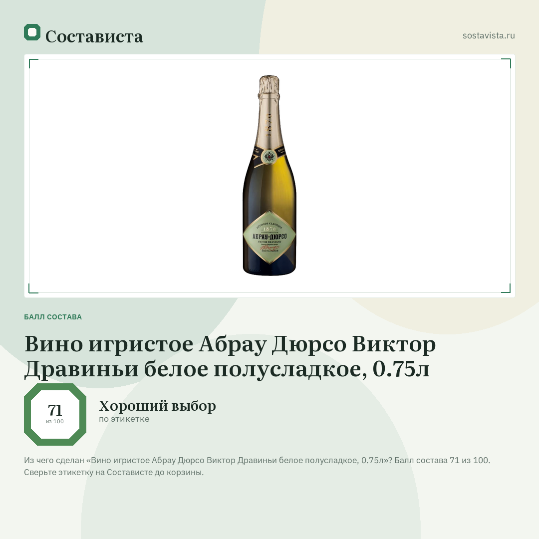 Вино игристое Абрау Дюрсо Виктор Дравиньи белое полусладкое, 0.75л: балл состава 71 из 100 — Состависта