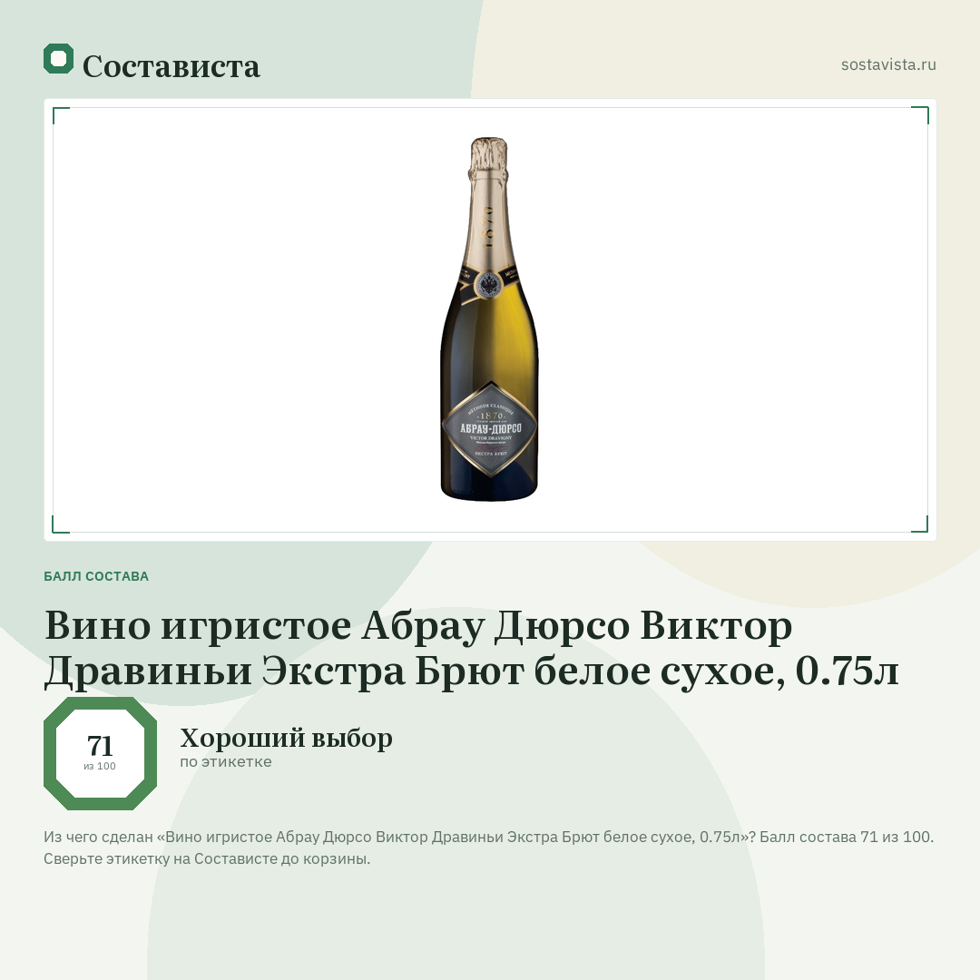 Вино игристое Абрау Дюрсо Виктор Дравиньи Экстра Брют белое сухое, 0.75л: балл состава 71 из 100 — Состависта