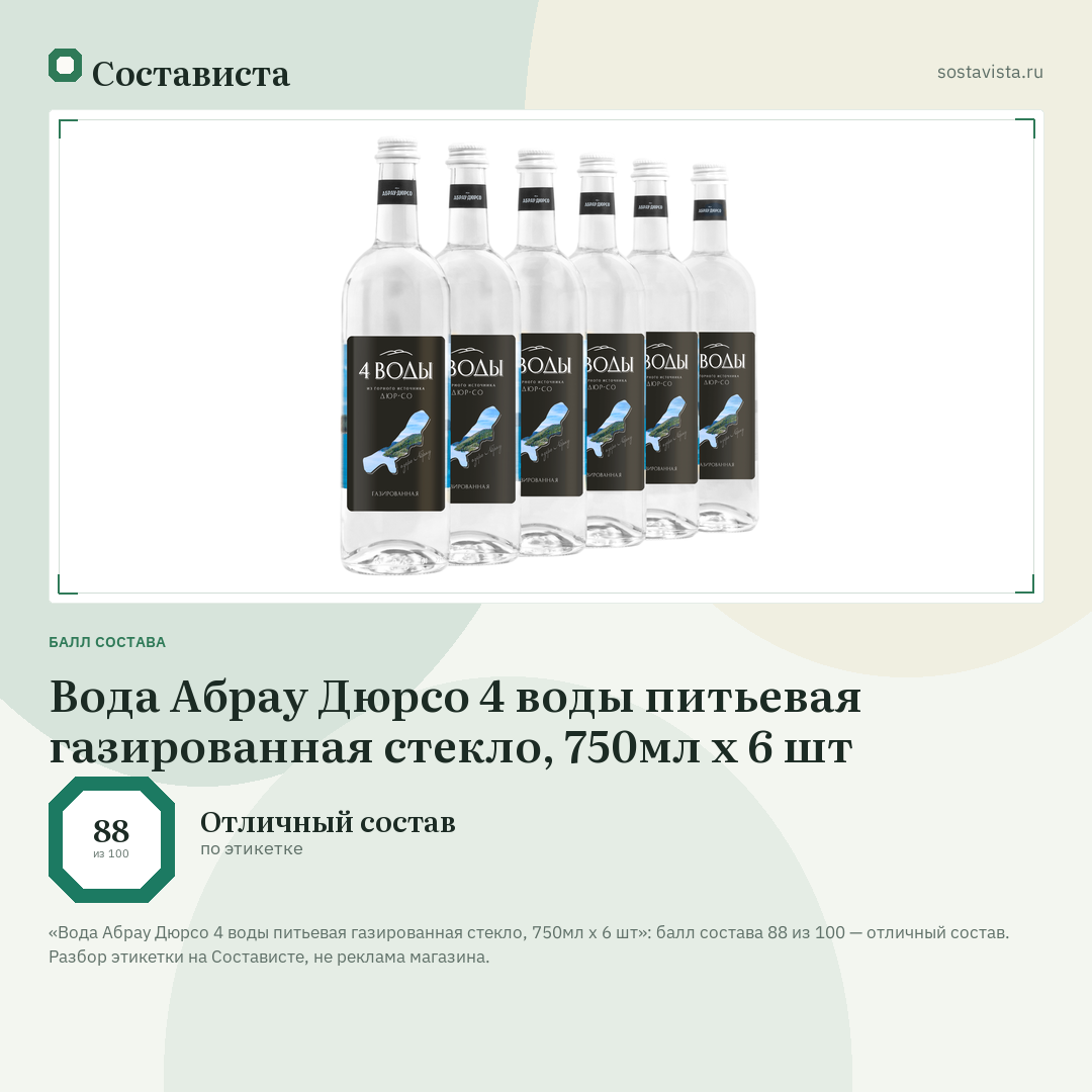 Вода Абрау Дюрсо 4 воды питьевая газированная стекло, 750мл x 6 шт: балл состава 88 из 100 — Состависта