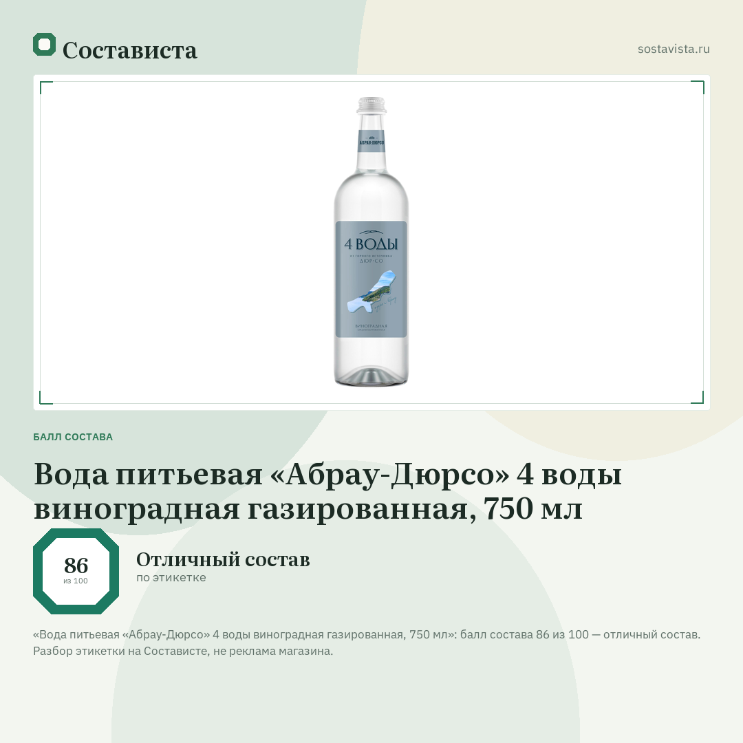 Вода питьевая «Абрау-Дюрсо» 4 воды виноградная газированная, 750 мл: балл состава 86 из 100 — Состависта