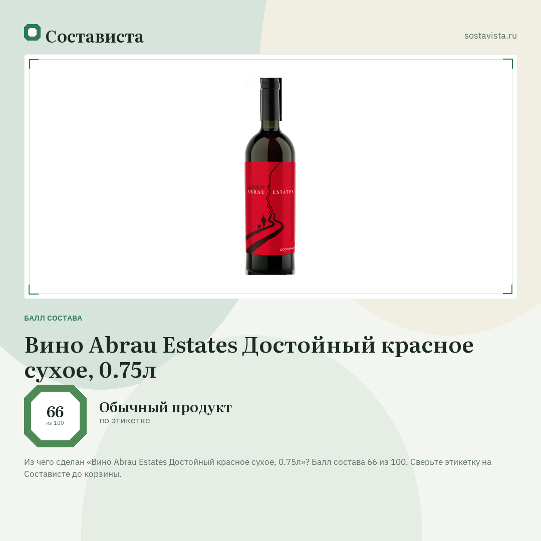 Вино Abrau Estates Достойный красное сухое, 0.75л: балл состава 66 из 100 — Состависта