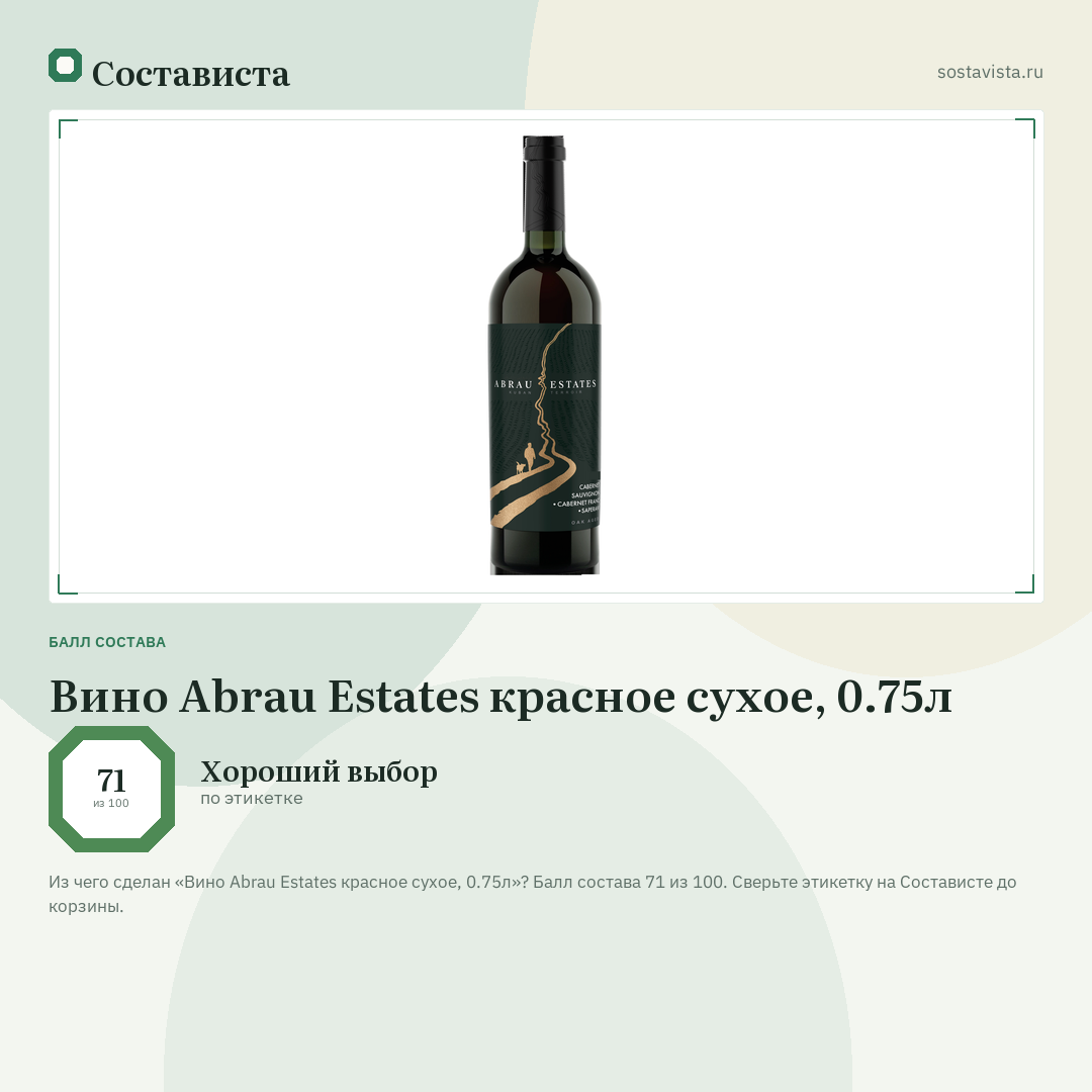 Вино Abrau Estates красное сухое, 0.75л: балл состава 71 из 100 — Состависта