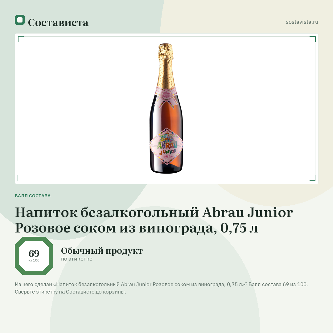 Напиток безалкогольный Abrau Junior Розовое соком из винограда, 0,75 л: балл состава 69 из 100 — Состависта