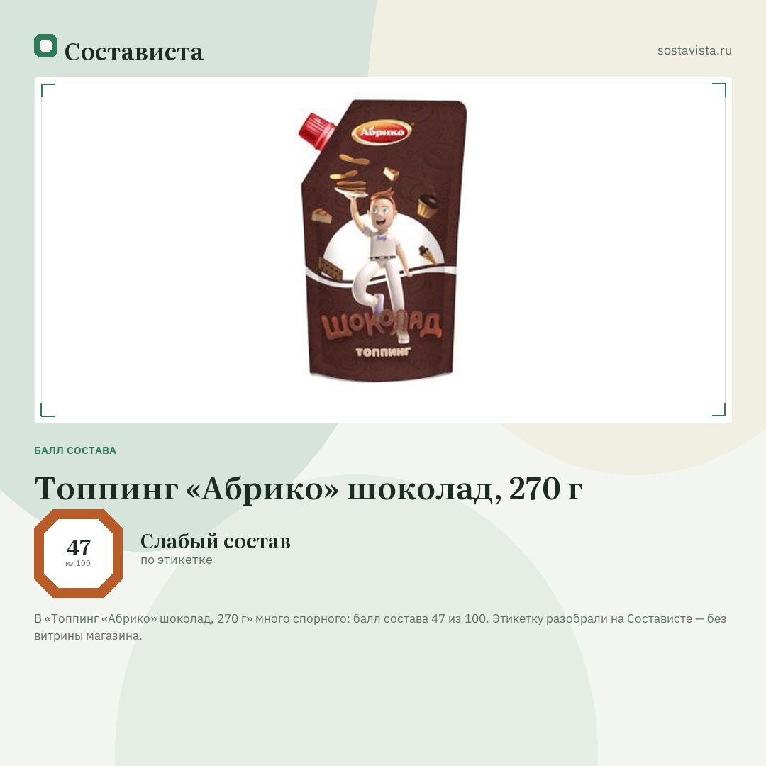Топпинг «Абрико» шоколад, 270 г: балл состава 47 из 100 — Состависта