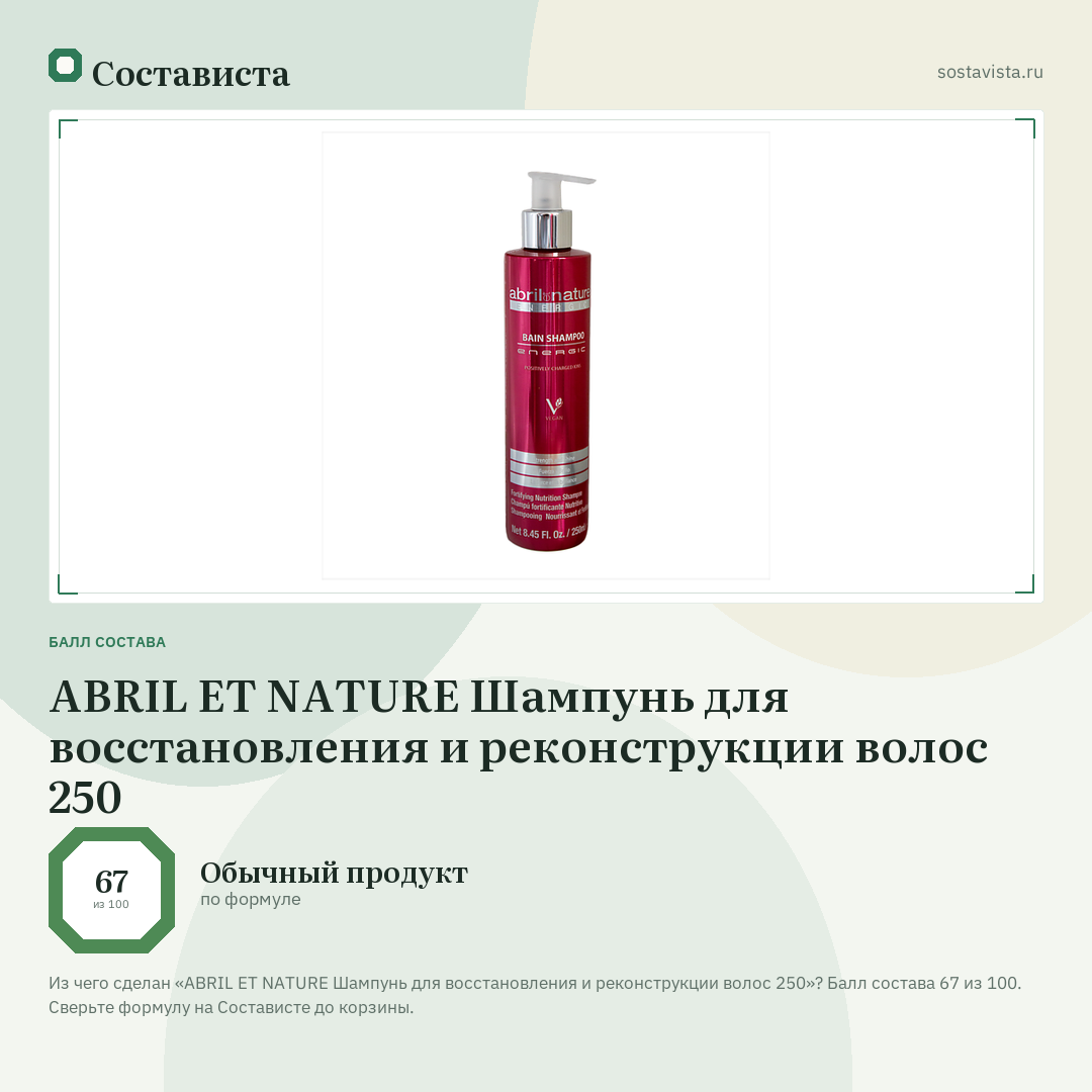 ABRIL ET NATURE Шампунь для восстановления и реконструкции волос 250: балл состава 67 из 100 — Состависта