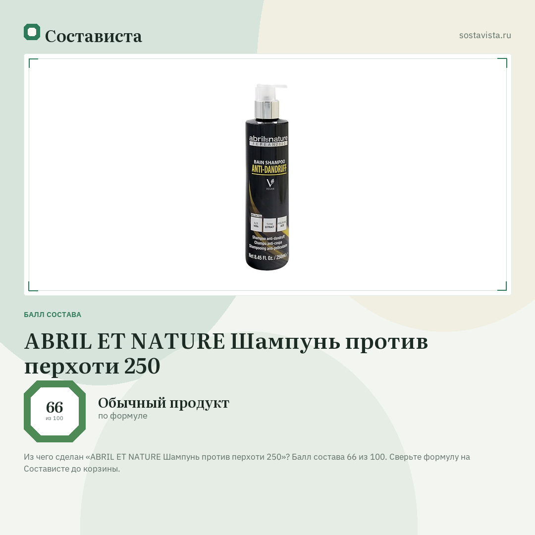 ABRIL ET NATURE Шампунь против перхоти 250: балл состава 66 из 100 — Состависта