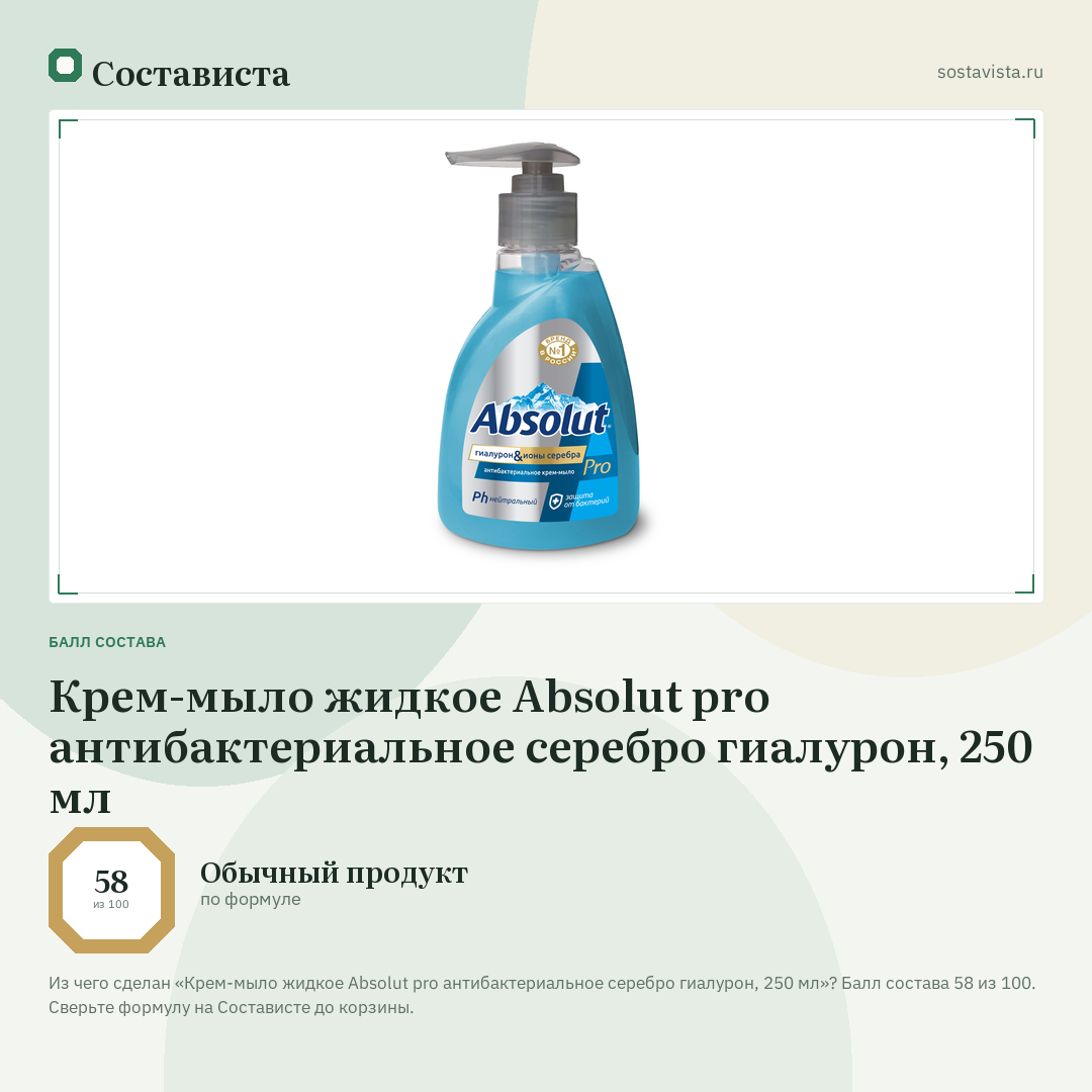 Крем-мыло жидкое Absolut pro антибактериальное серебро гиалурон, 250 мл: балл состава 58 из 100 — Состависта