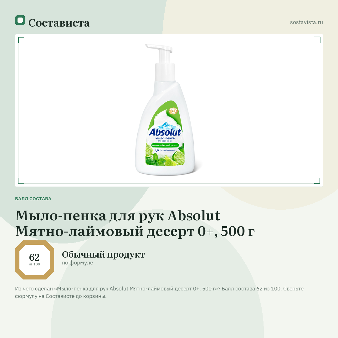Мыло-пенка для рук Absolut Мятно-лаймовый десерт 0+, 500 г: балл состава 62 из 100 — Состависта