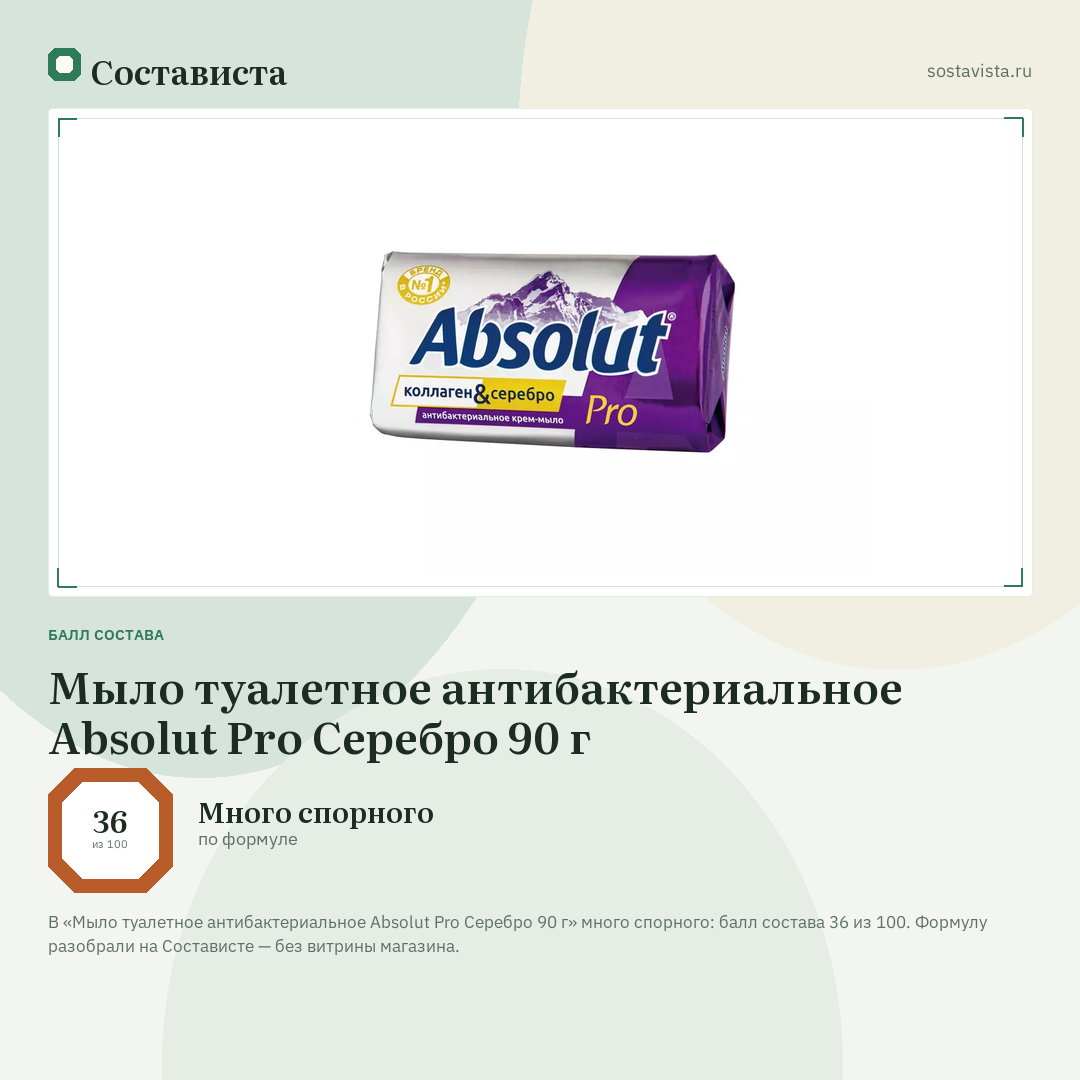 Мыло туалетное антибактериальное Absolut Pro Серебро 90 г: балл состава 36 из 100 — Состависта