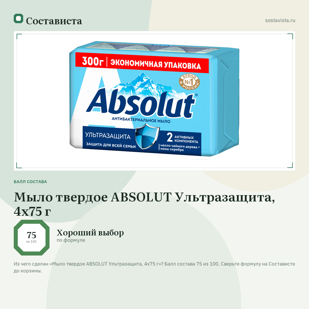 Мыло твердое ABSOLUT Ультразащита, 4х75 г: балл состава 75 из 100 — Состависта