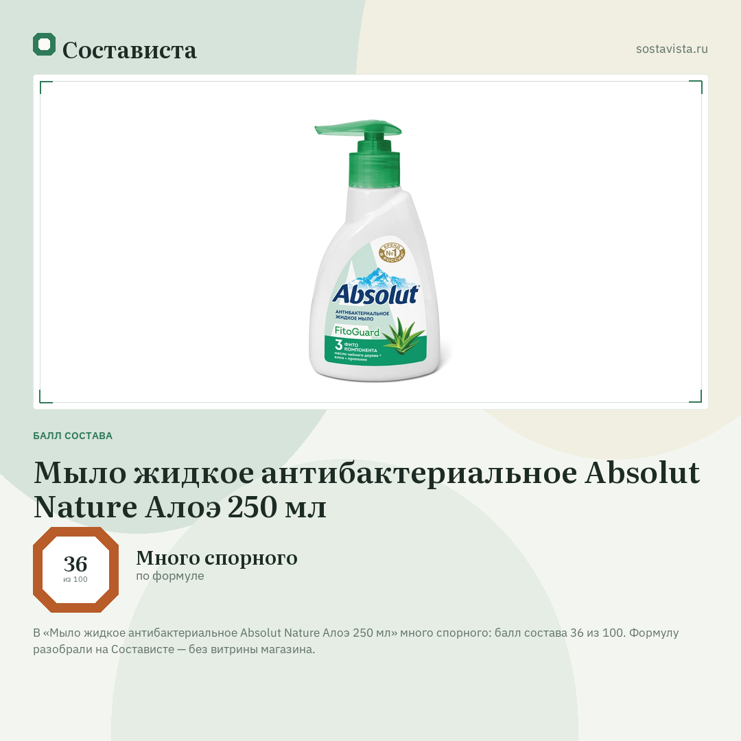 Мыло жидкое антибактериальное Absolut Nature Алоэ 250 мл: балл состава 36 из 100 — Состависта