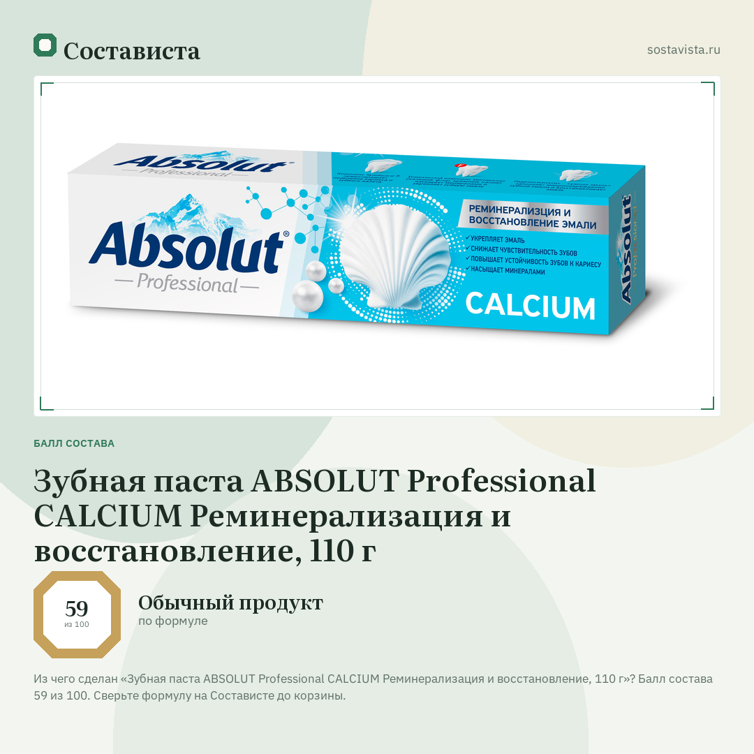 Зубная паста ABSOLUT Professional CALCIUM Реминерализация и восстановление, 110 г: балл состава 59 из 100 — Состависта