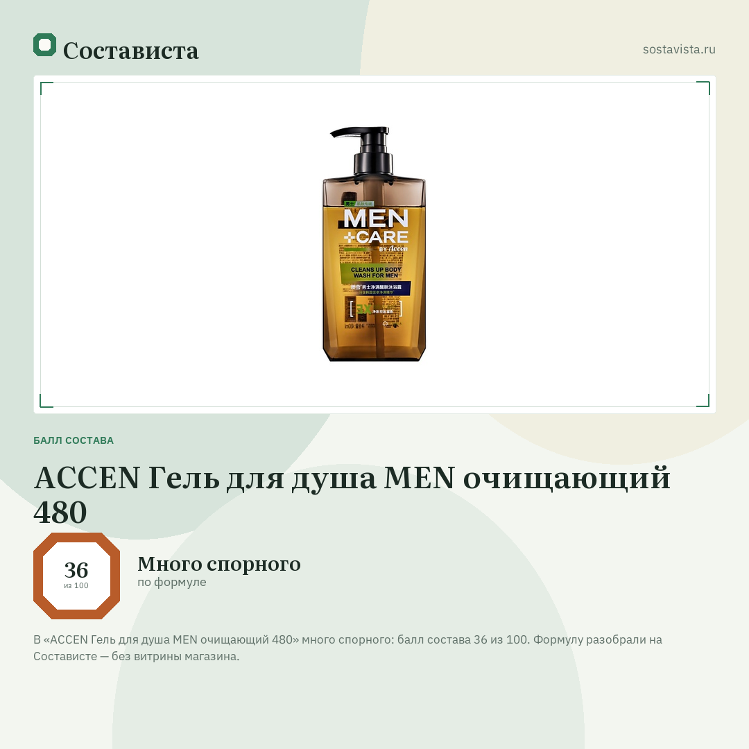 ACCEN Гель для душа MEN очищающий 480: балл состава 36 из 100 — Состависта