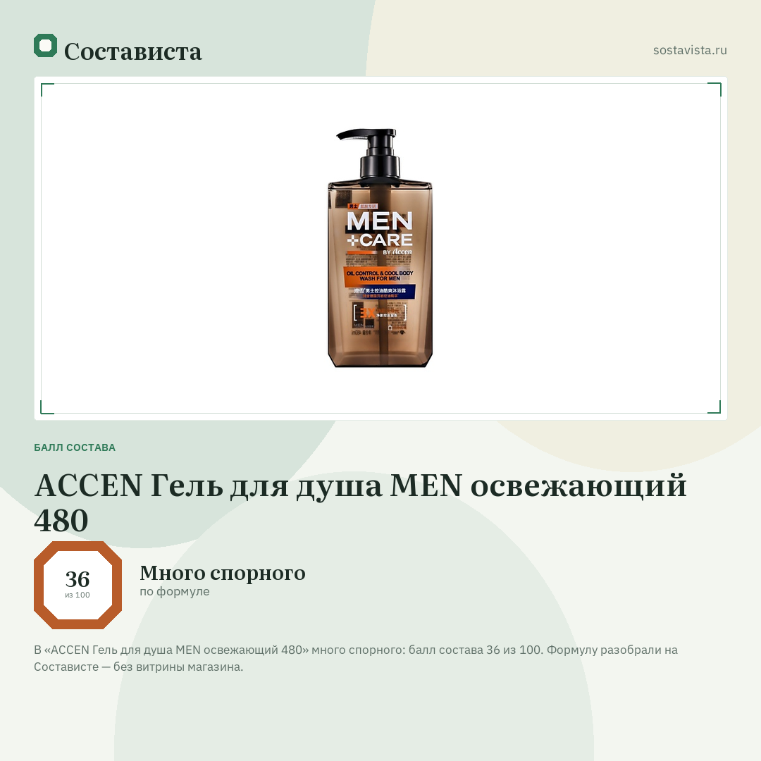 ACCEN Гель для душа MEN освежающий 480: балл состава 36 из 100 — Состависта