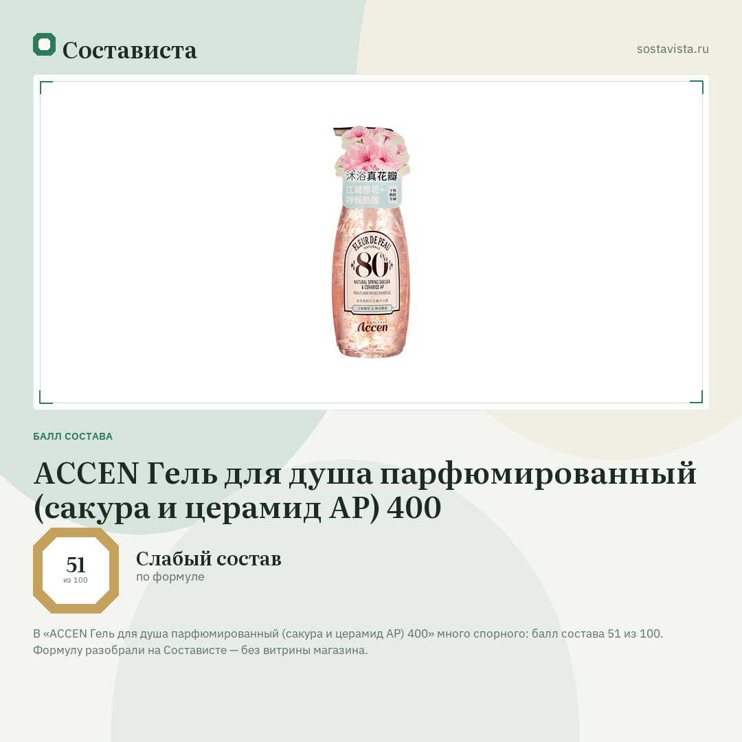 ACCEN Гель для душа парфюмированный (сакура и церамид АР) 400: балл состава 51 из 100 — Состависта
