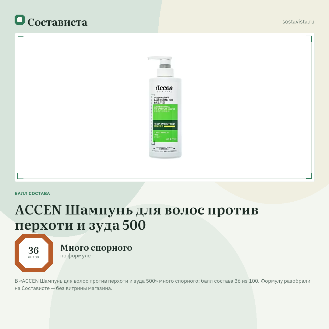 ACCEN Шампунь для волос против перхоти и зуда 500: балл состава 36 из 100 — Состависта