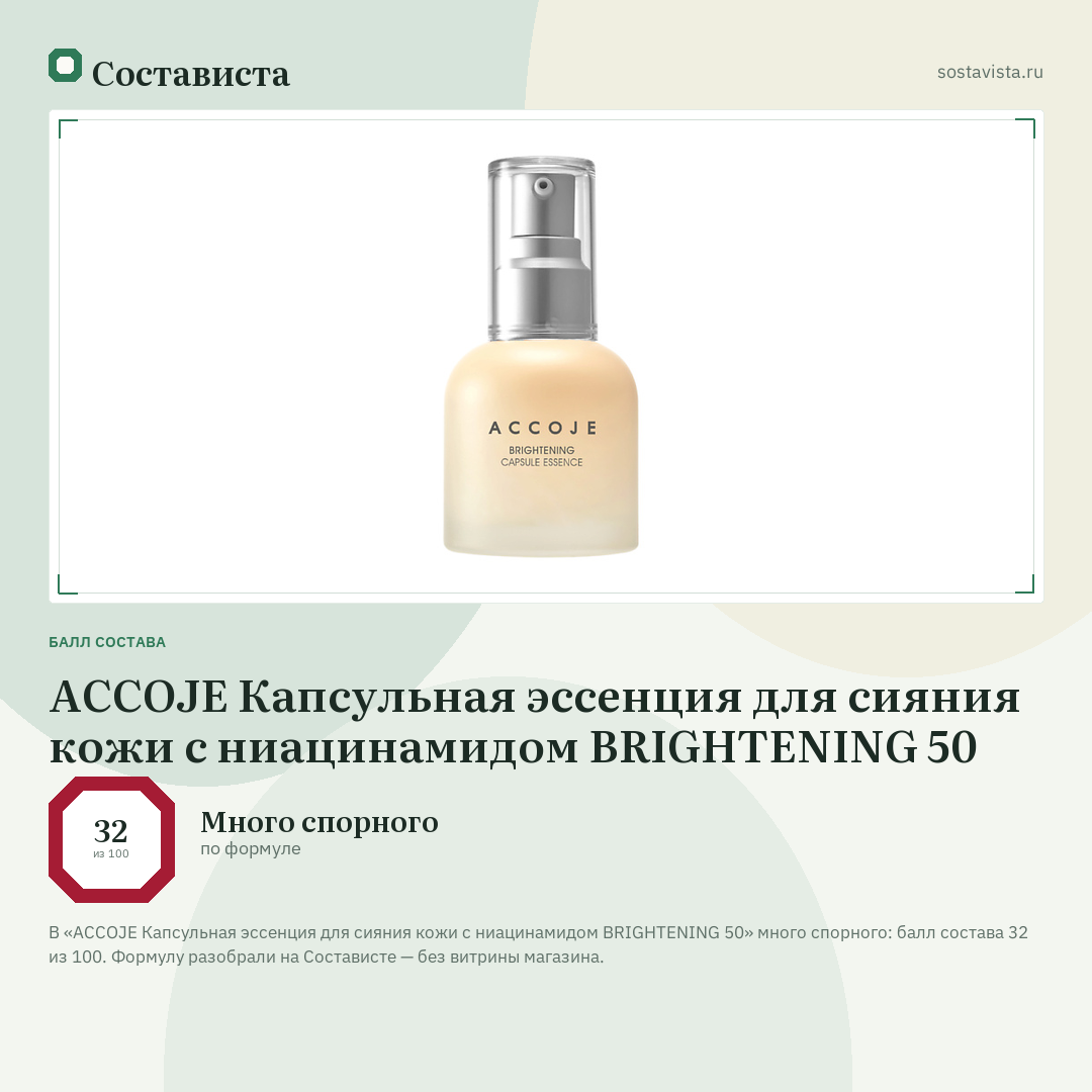 ACCOJE Капсульная эссенция для сияния кожи с ниацинамидом BRIGHTENING 50: балл состава 32 из 100 — Состависта