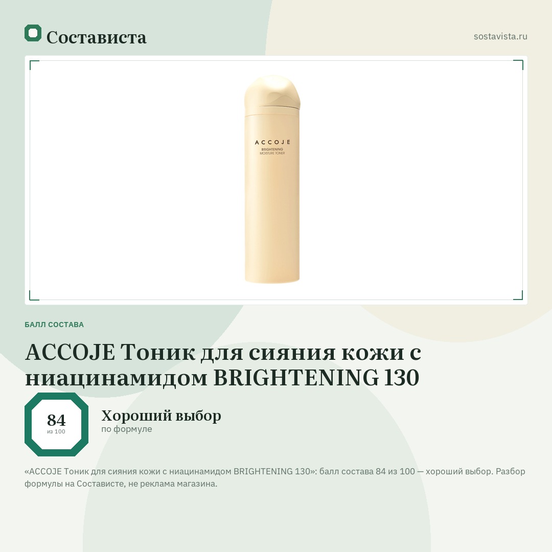 ACCOJE Тоник для сияния кожи с ниацинамидом BRIGHTENING 130: балл состава 84 из 100 — Состависта