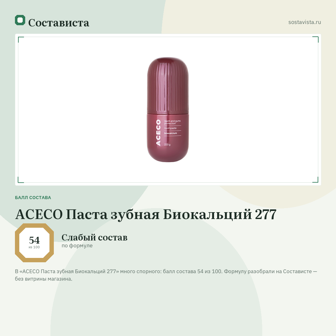 ACECO Паста зубная Биокальций 277: балл состава 54 из 100 — Состависта