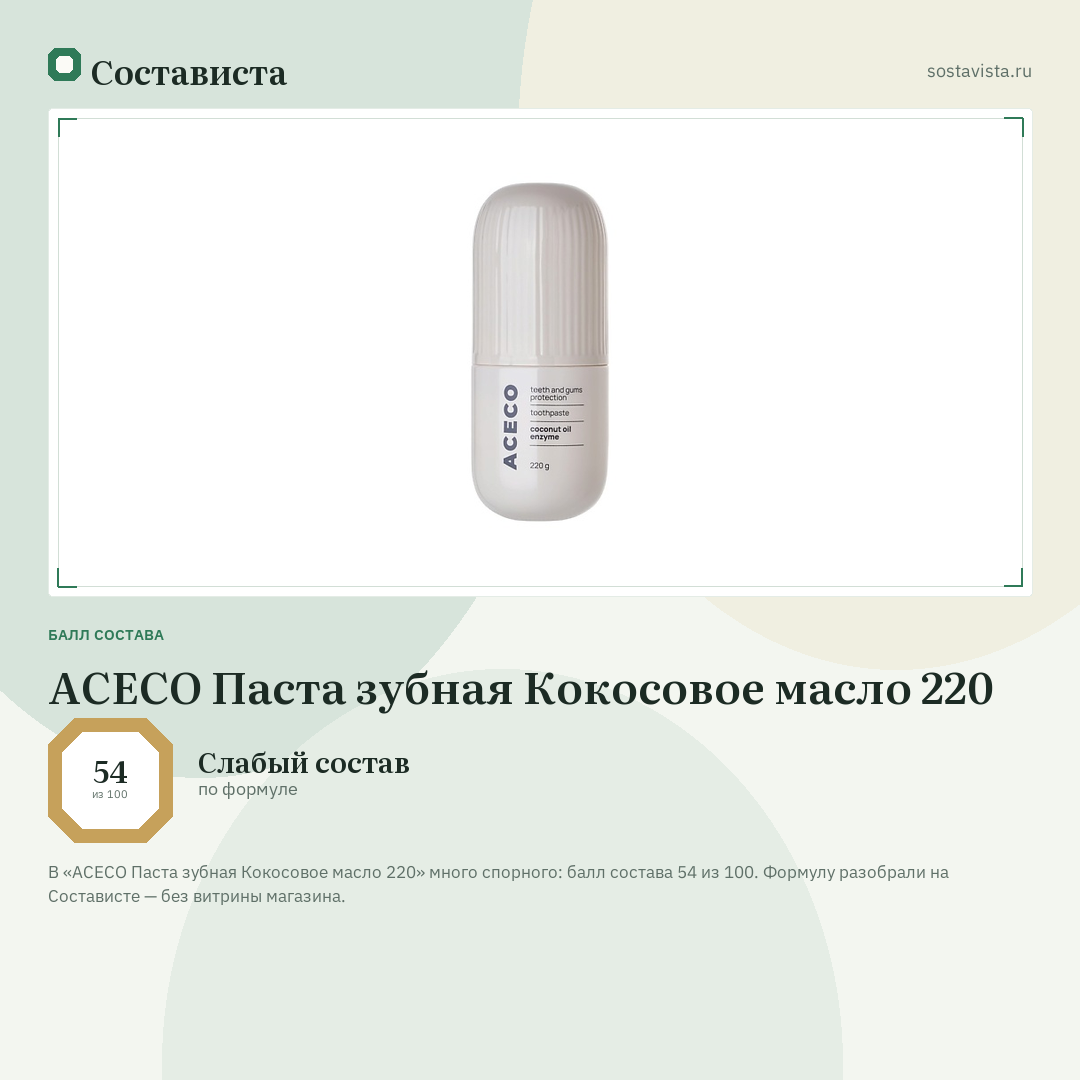 ACECO Паста зубная Кокосовое масло 220: балл состава 54 из 100 — Состависта