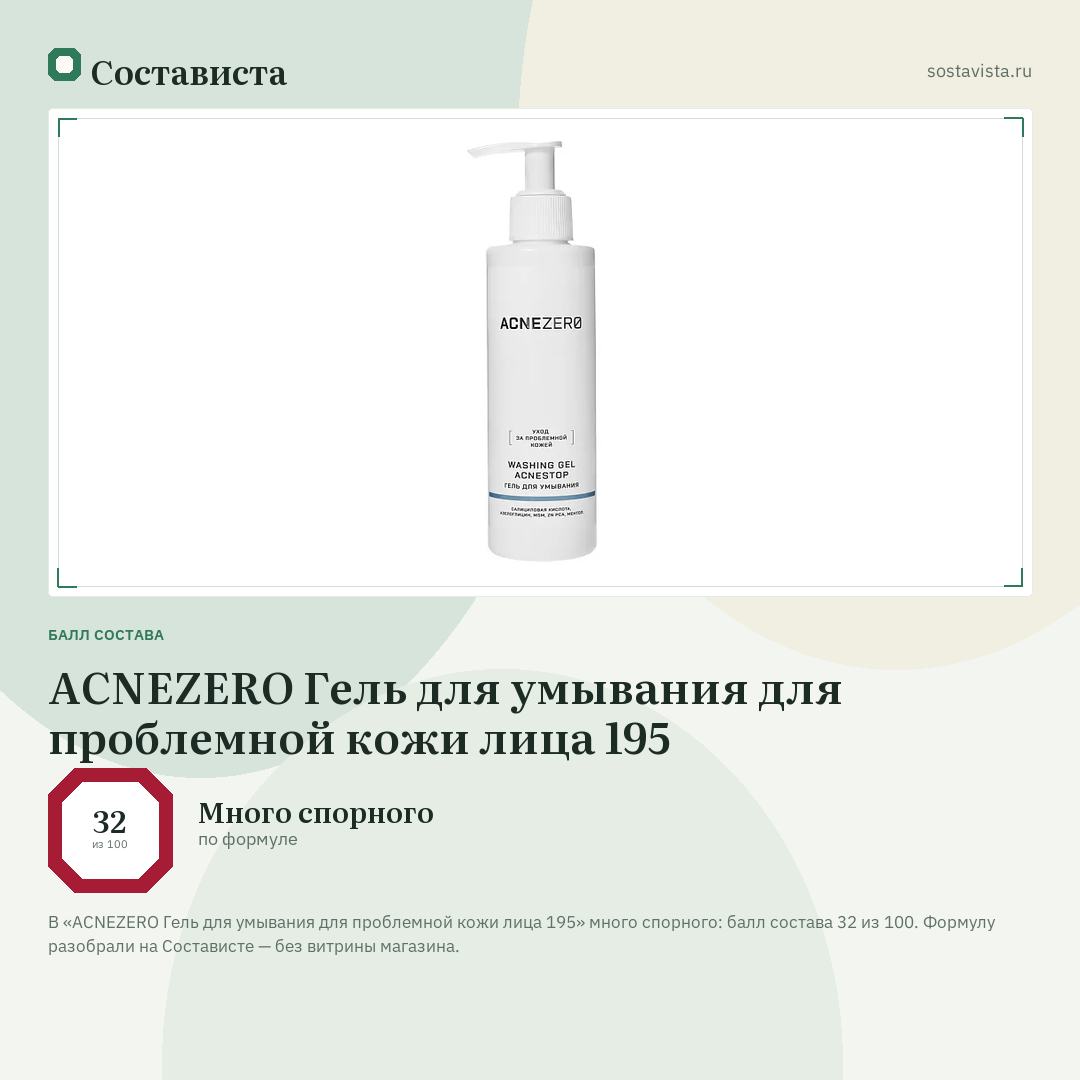 ACNEZERO Гель для умывания для проблемной кожи лица 195: балл состава 32 из 100 — Состависта