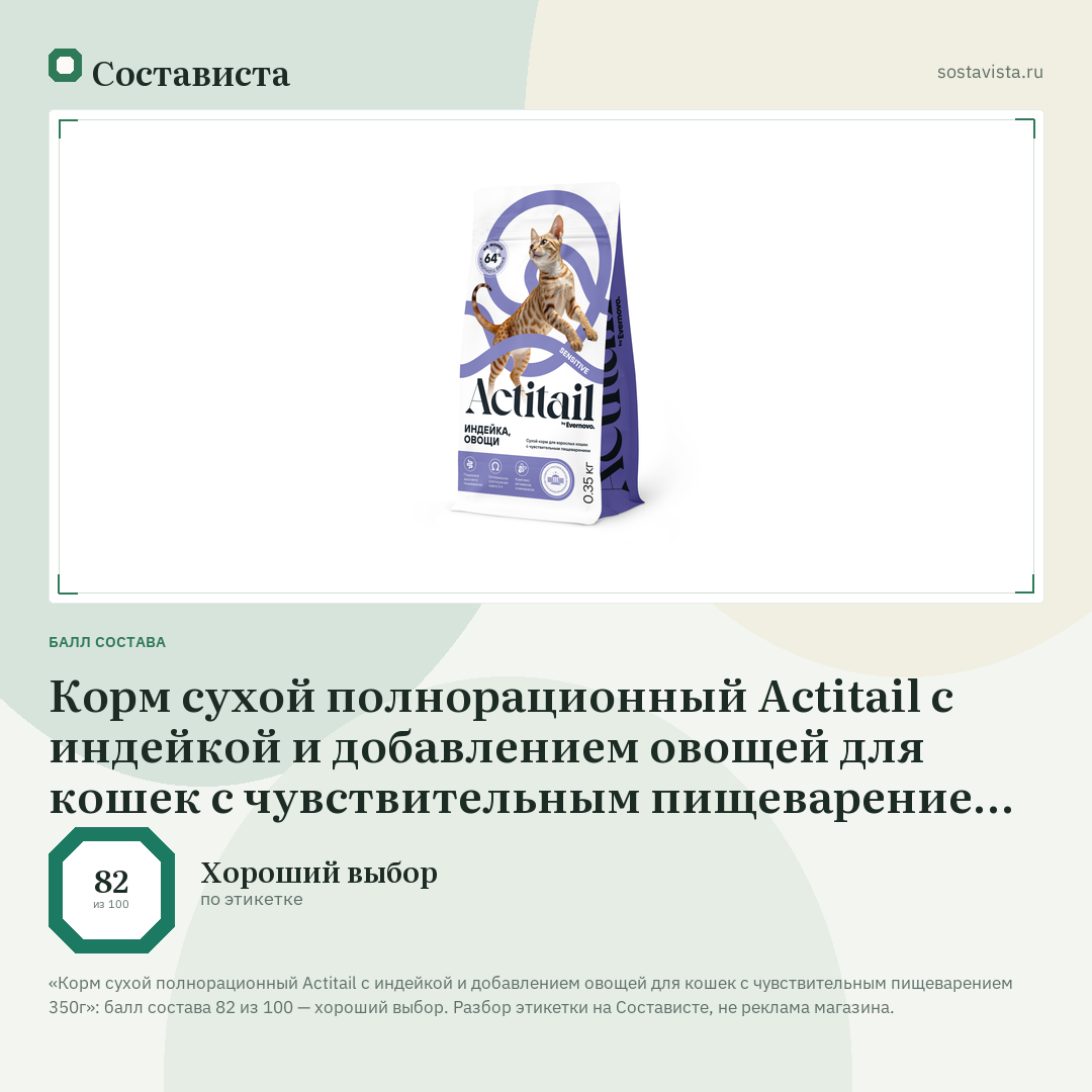 Корм сухой полнорационный Actitail с индейкой и добавлением овощей для кошек с чувствительным пищеварением 350г: балл состава 82 из 100 — Состависта