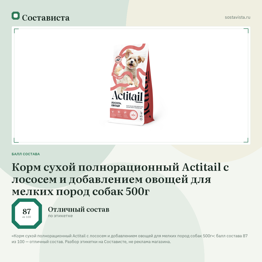 Корм сухой полнорационный Actitail с лососем и добавлением овощей для мелких пород собак 500г: балл состава 87 из 100 — Состависта