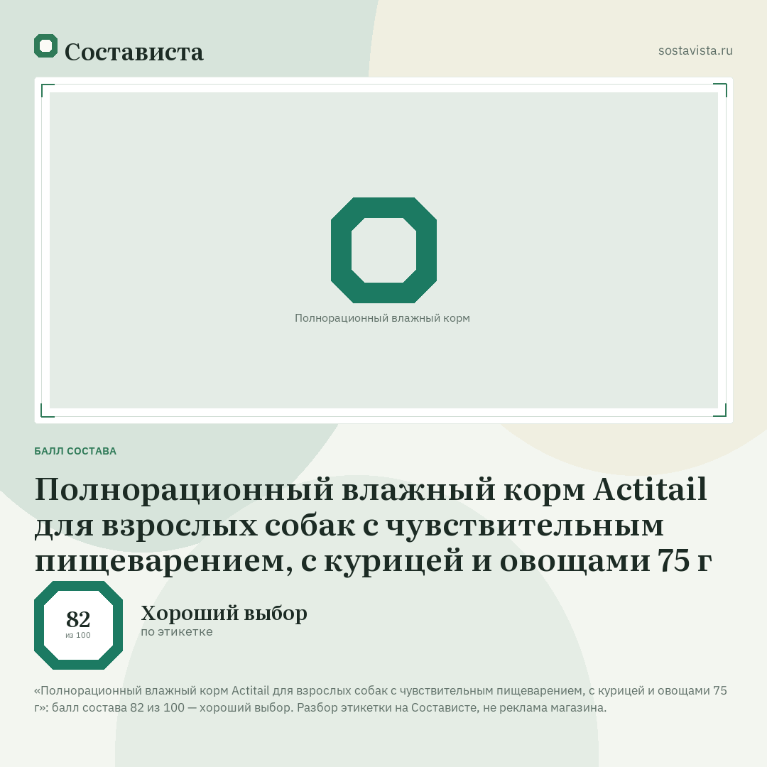 Полнорационный влажный корм Actitail для взрослых собак с чувствительным пищеварением, с курицей и овощами 75 г: балл состава 82 из 100 — Состависта