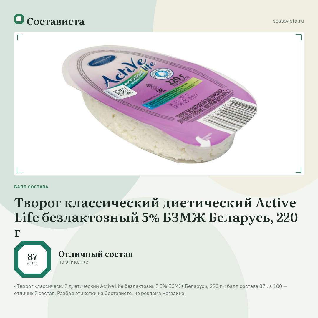 Творог классический диетический Active Life безлактозный 5% БЗМЖ Беларусь, 220 г: балл состава 87 из 100 — Состависта