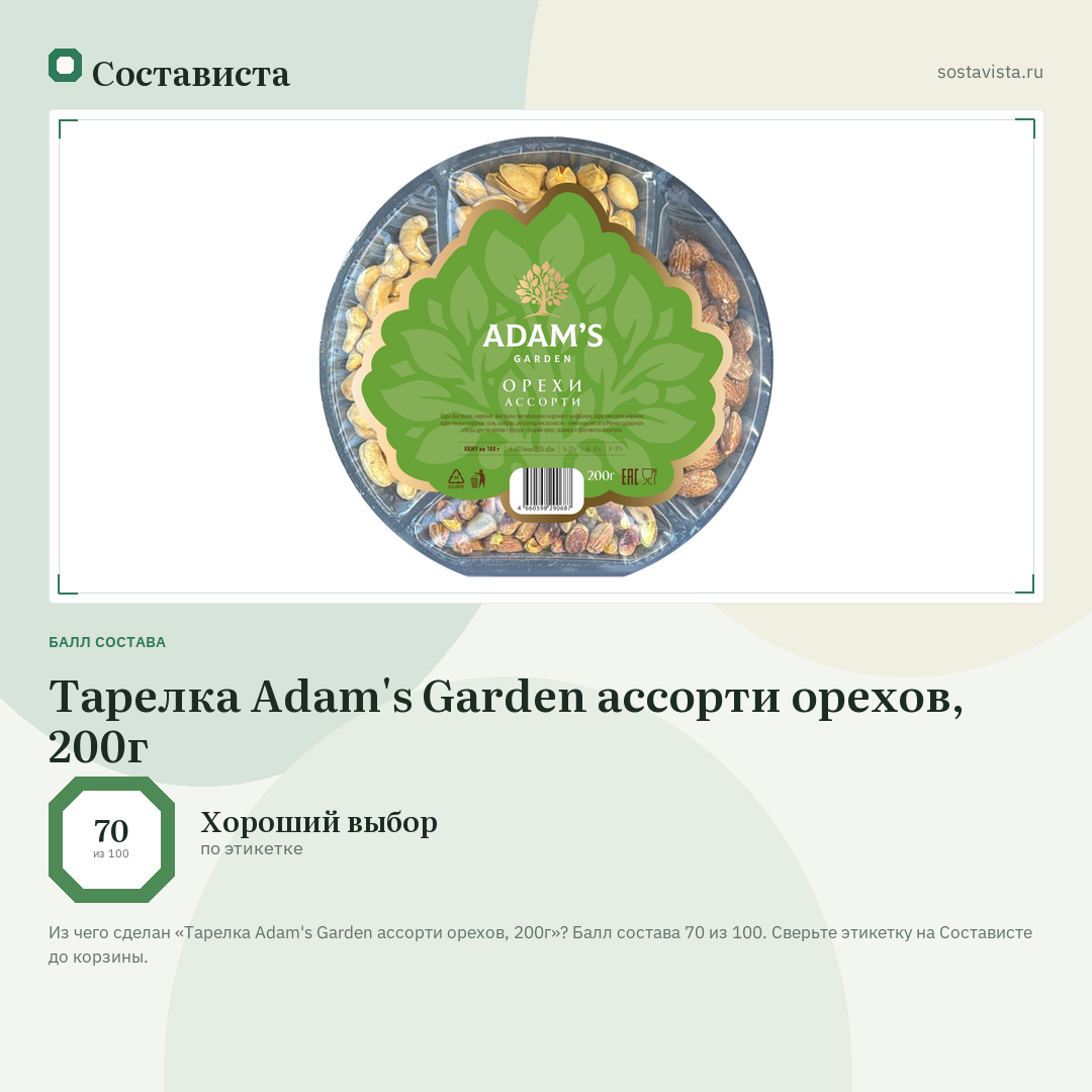 Тарелка Adam's Garden ассорти орехов, 200г: балл состава 70 из 100 — Состависта
