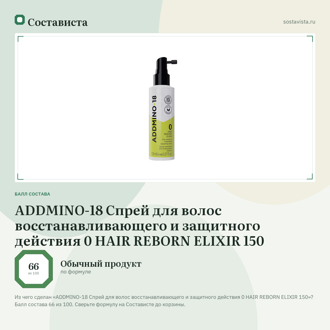 ADDMINO-18 Спрей для волос восстанавливающего и защитного действия 0 HAIR REBORN ELIXIR 150: балл состава 66 из 100 — Состависта