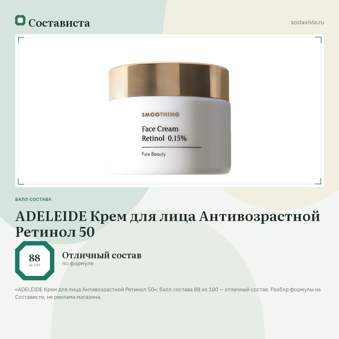 ADELEIDE Крем для лица Антивозрастной Ретинол 50: балл состава 88 из 100 — Состависта