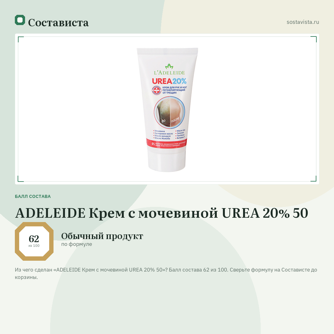 ADELEIDE Крем с мочевиной UREA 20% 50: балл состава 62 из 100 — Состависта