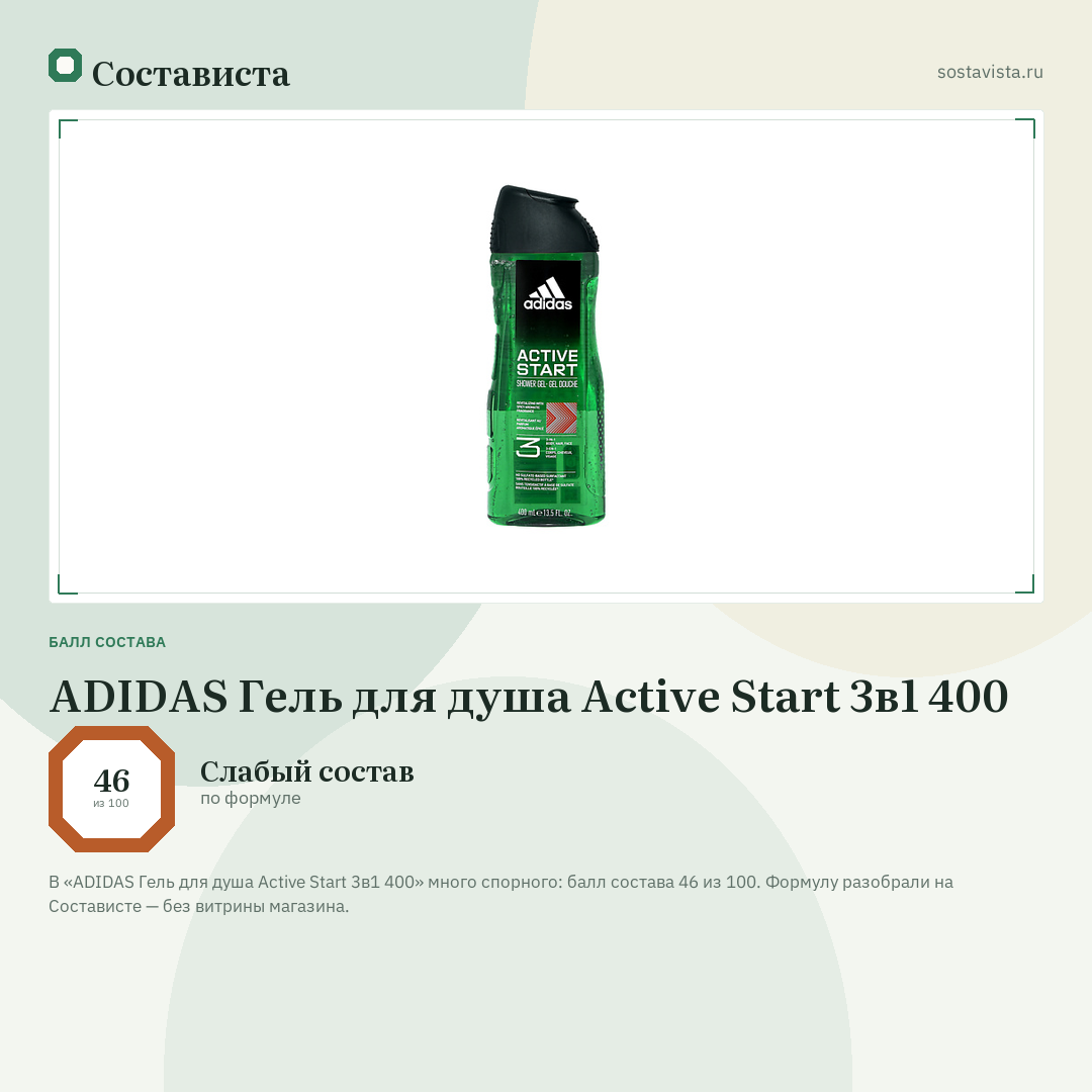 ADIDAS Гель для душа Active Start 3в1 400: балл состава 46 из 100 — Состависта