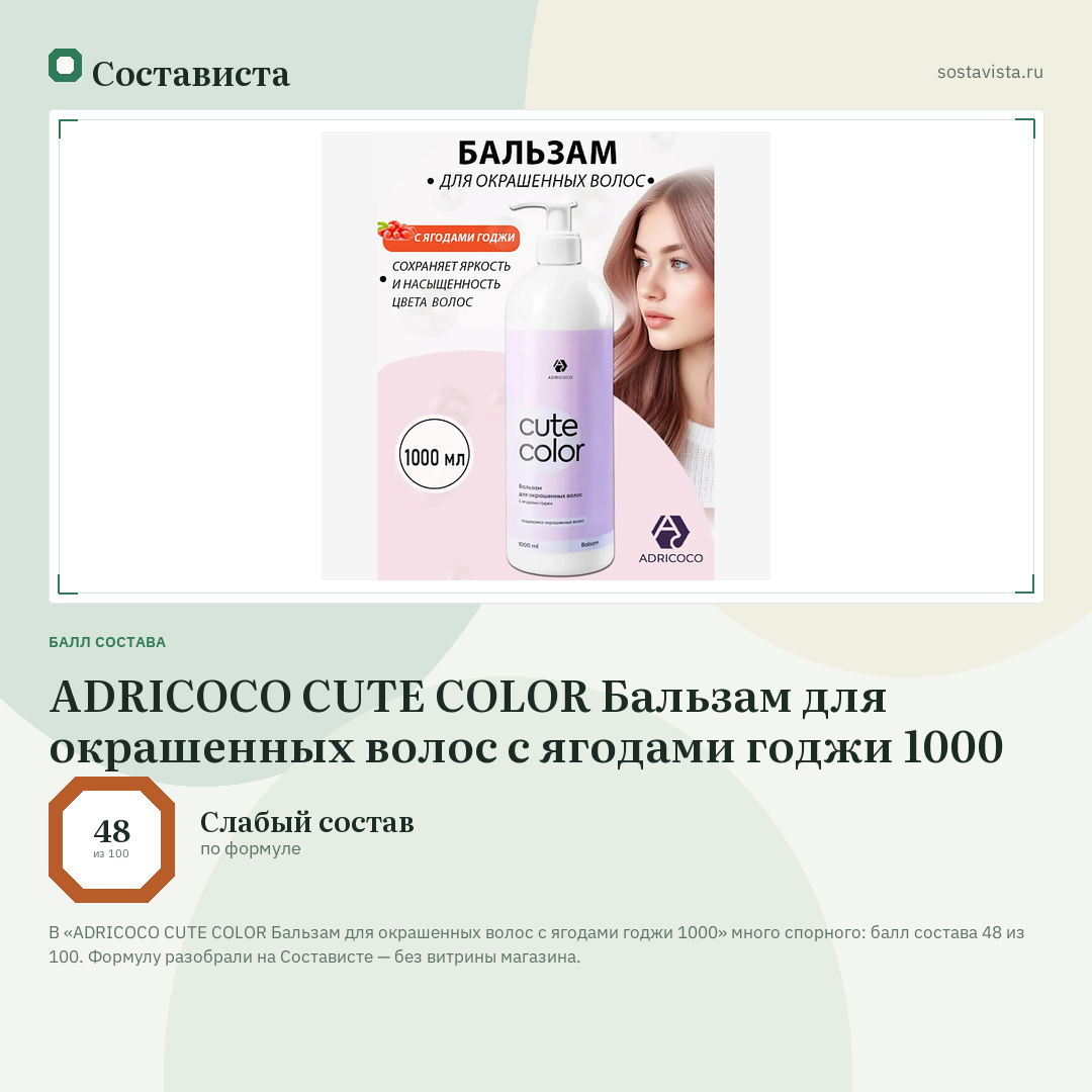 ADRICOCO CUTE COLOR Бальзам для окрашенных волос с ягодами годжи 1000: балл состава 48 из 100 — Состависта