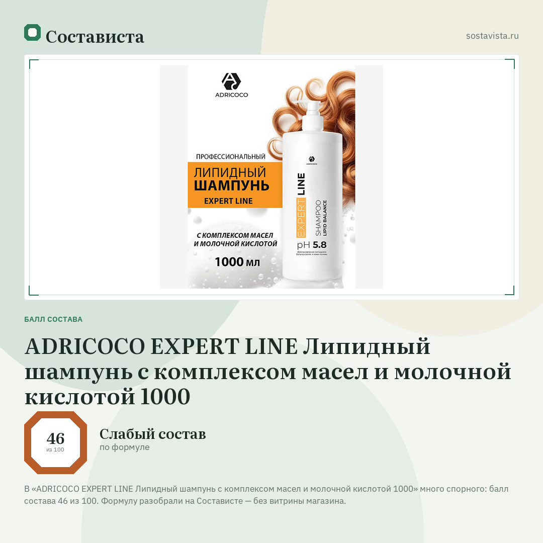 ADRICOCO EXPERT LINE Липидный шампунь с комплексом масел и молочной кислотой 1000: балл состава 46 из 100 — Состависта