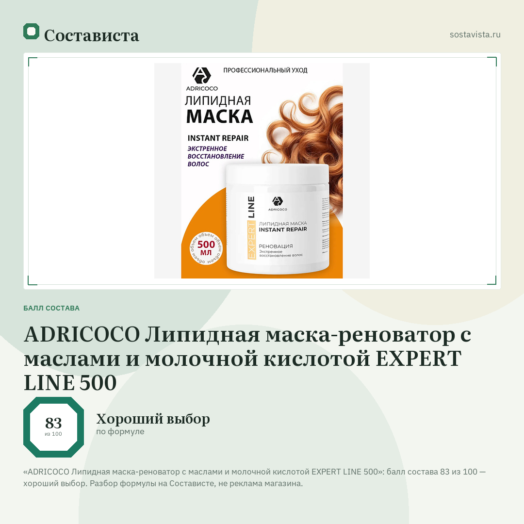 ADRICOCO Липидная маска-реноватор с маслами и молочной кислотой EXPERT LINE 500: балл состава 83 из 100 — Состависта