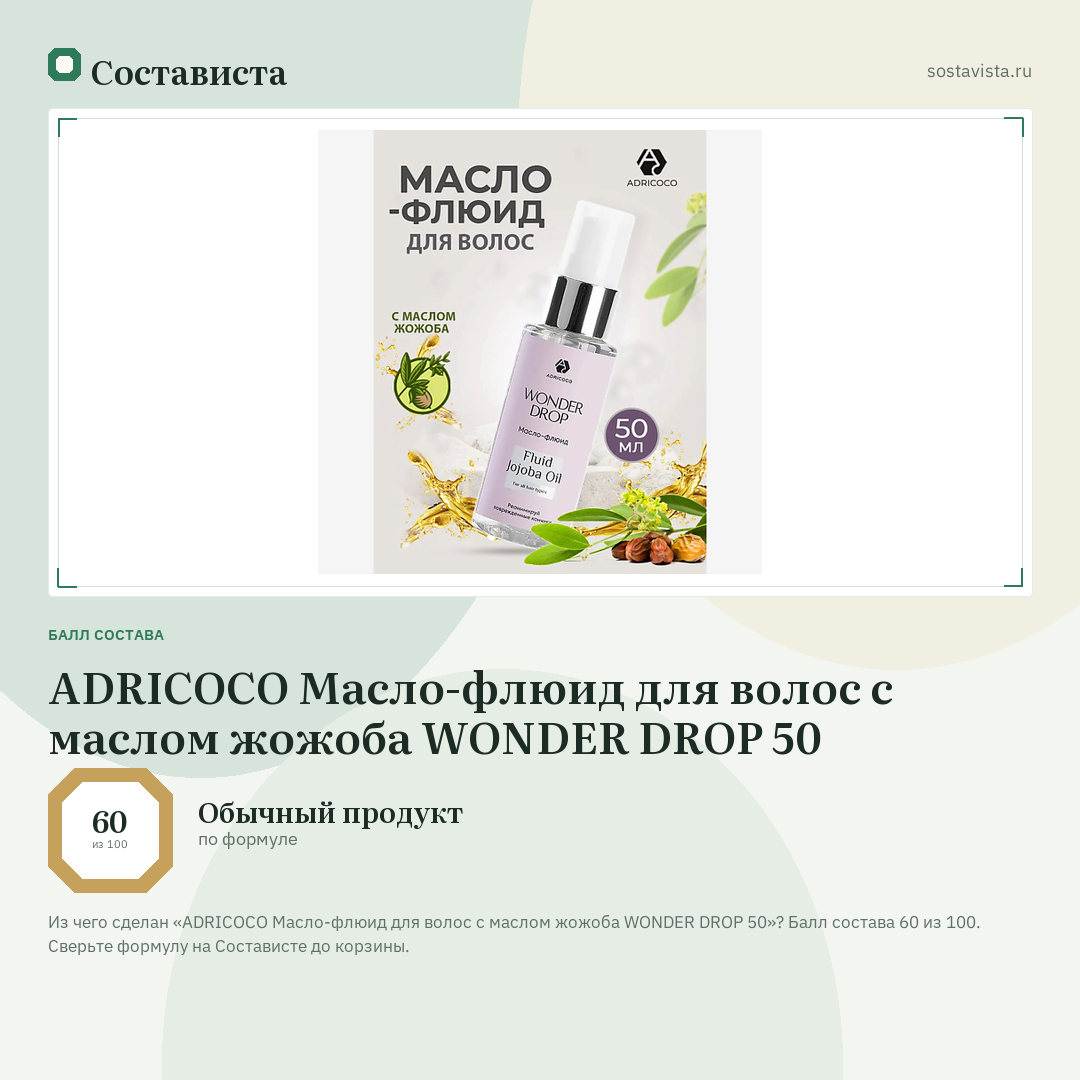 ADRICOCO Масло-флюид для волос с маслом жожоба WONDER DROP 50: балл состава 60 из 100 — Состависта