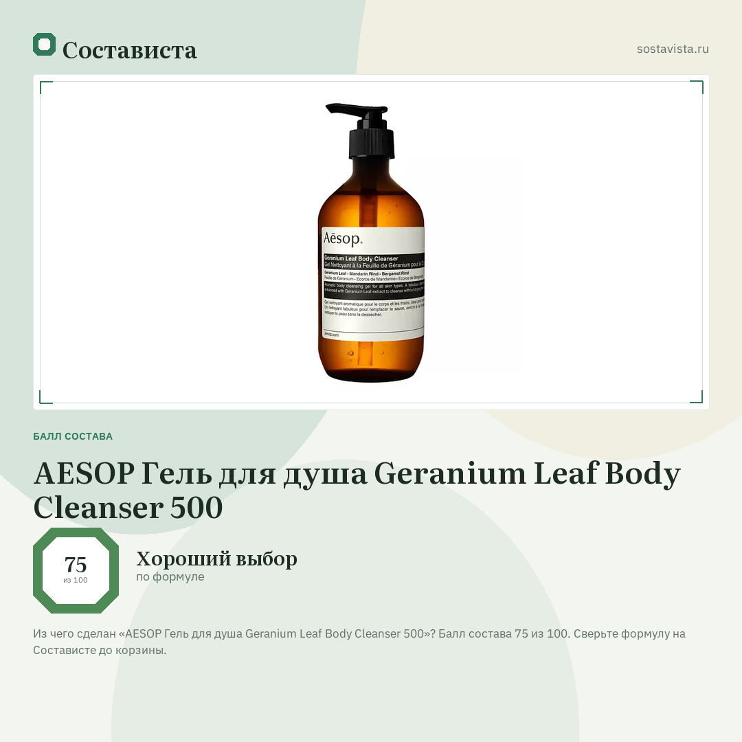 AESOP Гель для душа Geranium Leaf Body Cleanser 500: балл состава 75 из 100 — Состависта