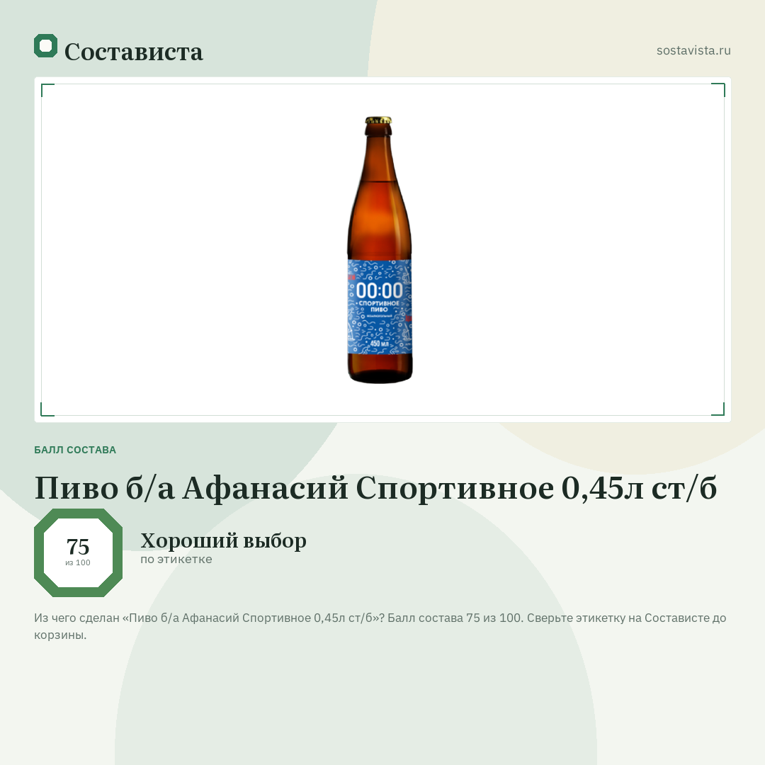 Пиво б/а Афанасий Спортивное 0,45л ст/б: балл состава 75 из 100 — Состависта