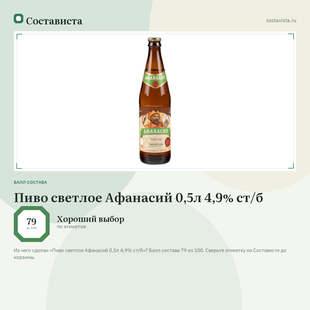 Пиво светлое Афанасий 0,5л 4,9% ст/б: балл состава 79 из 100 — Состависта