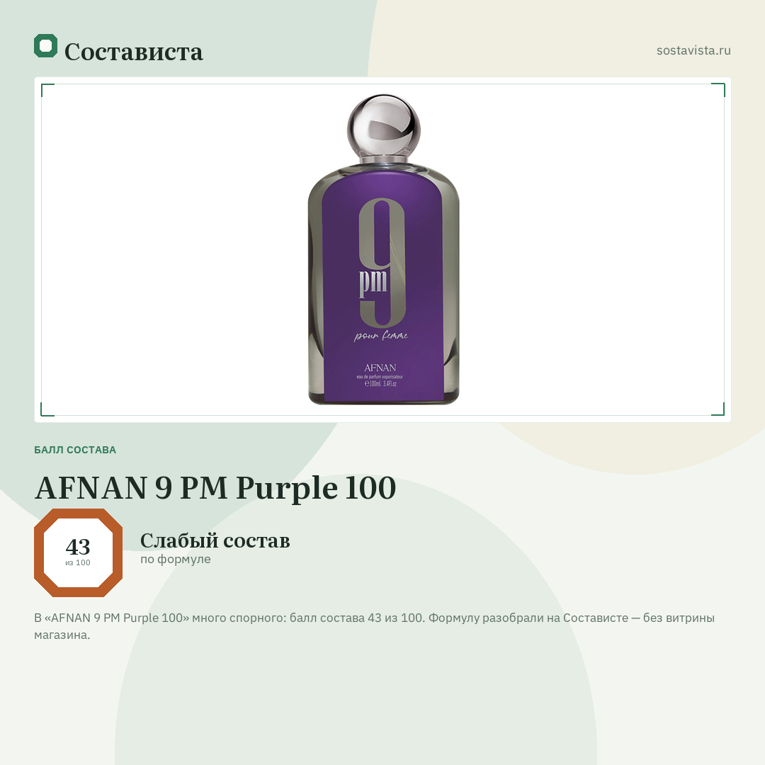 AFNAN 9 PM Purple 100: балл состава 43 из 100 — Состависта