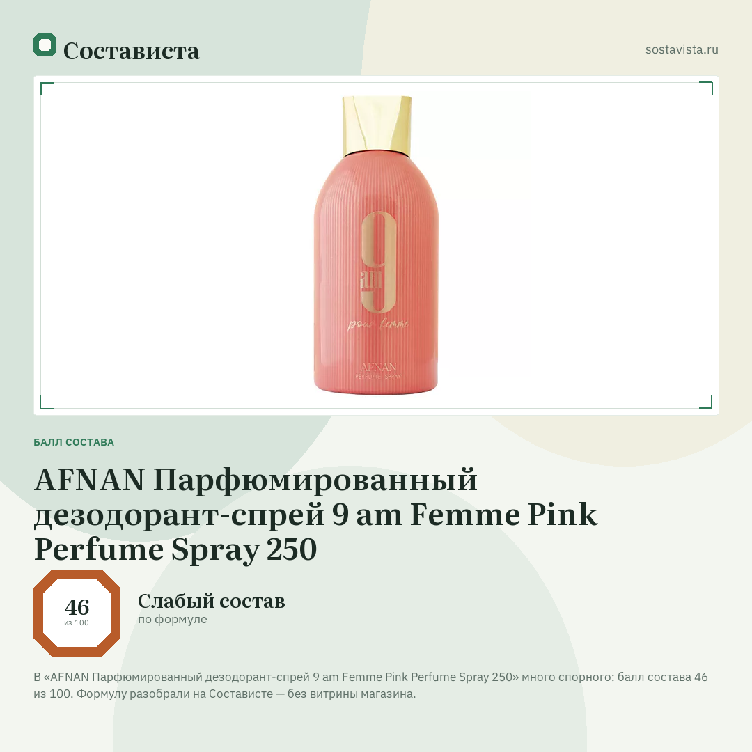 AFNAN Парфюмированный дезодорант-спрей 9 am Femme Pink Perfume Spray 250: балл состава 46 из 100 — Состависта