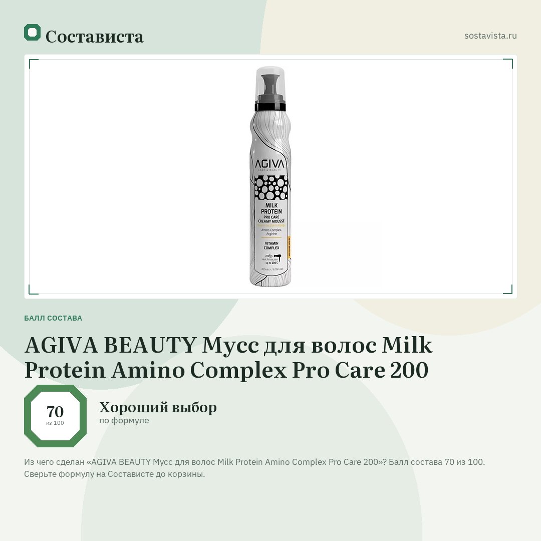 AGIVA BEAUTY Мусс для волос Milk Protein Amino Complex Pro Care 200: балл состава 70 из 100 — Состависта