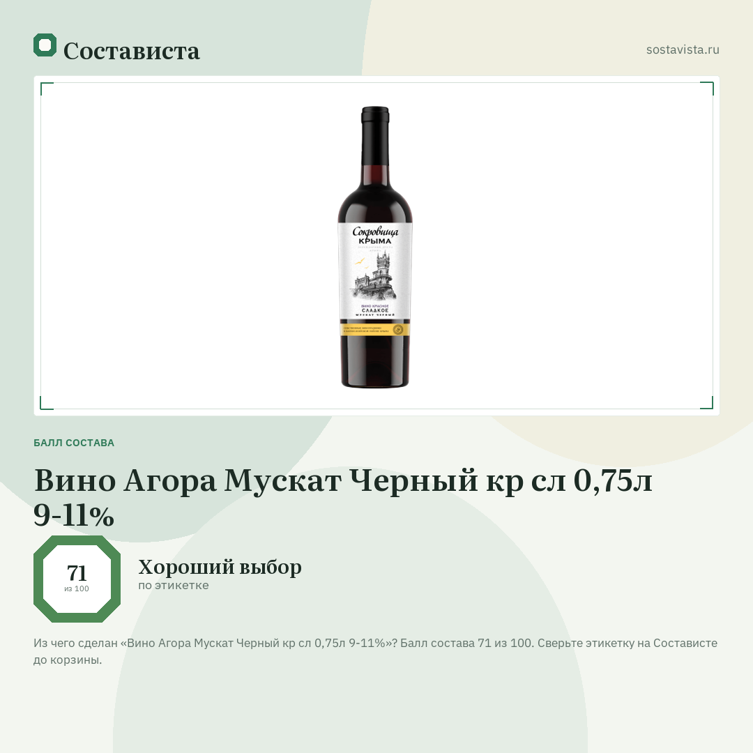 Вино Агора Мускат Черный кр сл 0,75л 9-11%: балл состава 71 из 100 — Состависта